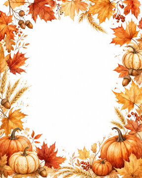 Watercolor autumn leaf frame with pumpkins and copy space