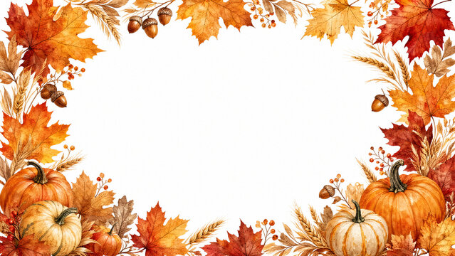 Watercolor autumn leaf border with pumpkins and copy space