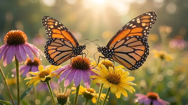Two monarch butterflies resting on blooming flowers to celebrate national random acts of kindness day with a sense of peace and gentle connection