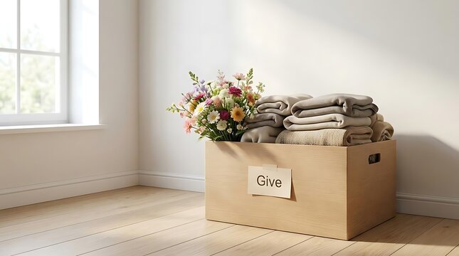 A wooden donation box filled with folded clothes and fresh flowers to celebrate national random acts of kindness day at home with thoughtful gestures