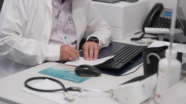 Doctor writing on paper at a desk with keyboard stethoscope and computer mouse