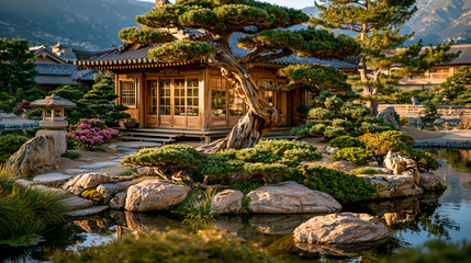Obraz premium Traditional japanese garden with bonsai tree pond and wooden teahouse pavilion japanese teahouse