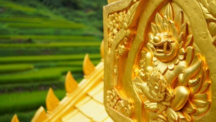 Fototapeta premium Golden Dragon Ornament on Rice Terraces in Asia