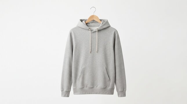 blank light grey hoodie mockup template hanging on wooden hanger front view, grey fleece pullover sweatshirt, minimalist apparel design presentation, casual streetwear clothing