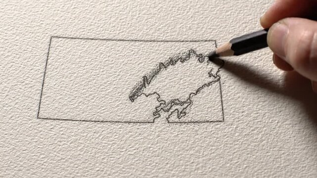 Artist hand drawing a map outline with a pencil on textured paper