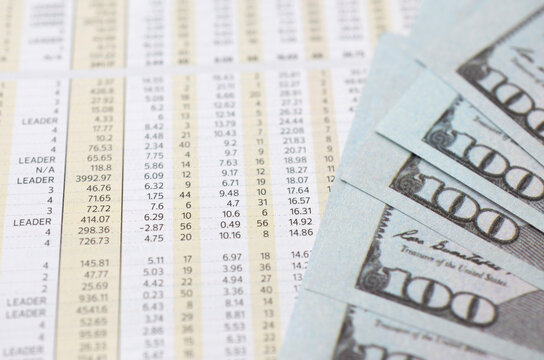 Financial report with US hundred dollar banknotes and green calculator on table for business accounting