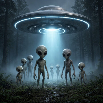Grey Alien Beings Standing Under Classic Flying Saucer UFO Beam in Misty Forest Night Scene