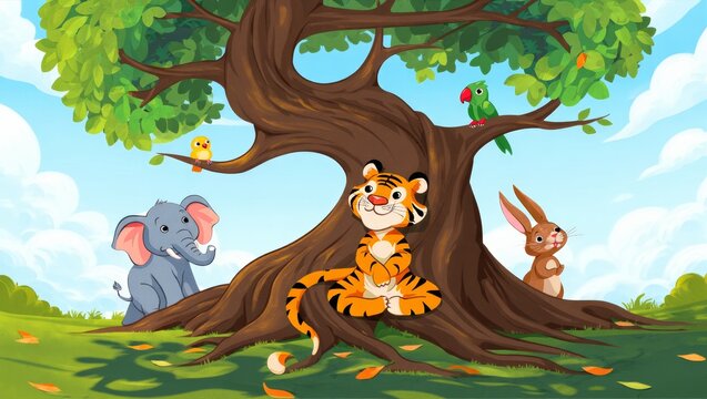 Cute Jungle Animals Under a Big Tree
