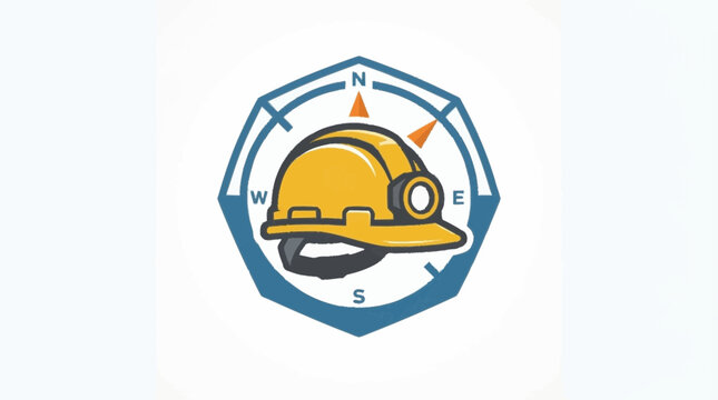 Vintage mining helmet and compass illustration in badge style.