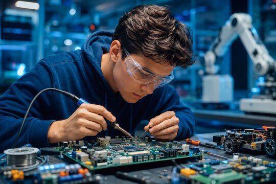 Engineer soldering circuit board in robotics lab with precision tools and safety goggles highlighting technology innovation and electronic hardware assembly