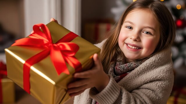 Happy Young Girl Holding a Golden Christmas Gift with Red Ribbon