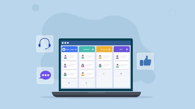 Modern flat vector animation of a laptop displaying a kanban task dashboard with customer support, chat, headphones, and social feedback elements for business workflow concepts.