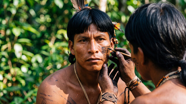 indigenous man from the amazon rainforest receiving traditional geometric face paint