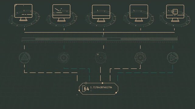 Animated screen displaying computer systems working with data streams