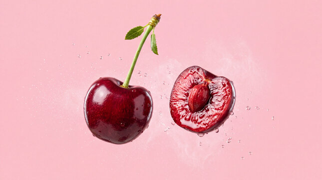 fresh red cherry and a half with pit splashing in water