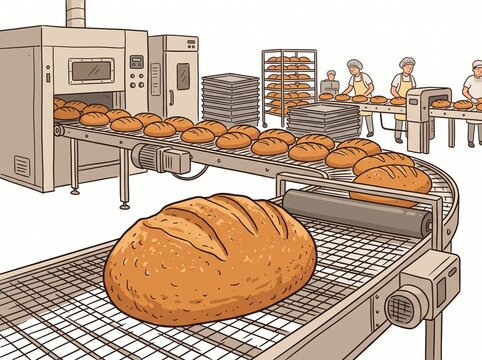 Industrial bakery production line with fresh bread moving on conveyor belts and workers in uniform