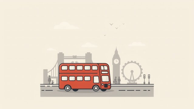 Red double decker bus traveling past famous city landmarks in minimalist flat illustration style with against backdrop iconic