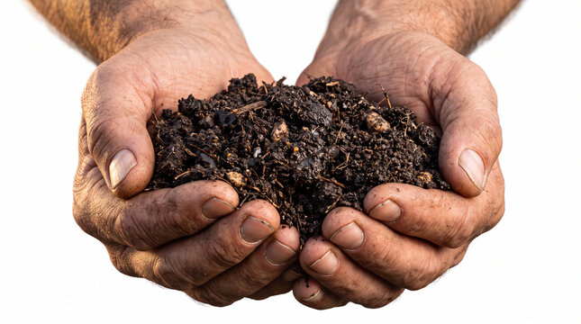 cupped hands of a man holding a pile of dark organic soil or compost isolated on white background