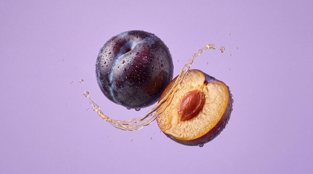 whole and halved ripe purple plums with juice splash and water droplets