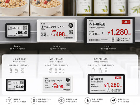 電子棚札のサイズ比較と商品価格表示