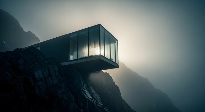 A modern glass house perched precariously on a misty mountain cliff at dawn.