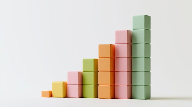 Stacked pastel-colored cubic blocks arranged as ascending bar graph on plain light background shows business growth increase and statistical data concept