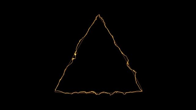 Golden glowing abstract triangle shape with energy effect in dark background.