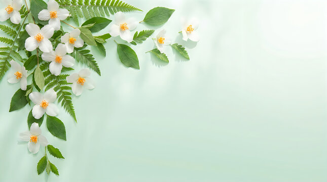 White meadowsweet flowers and ferns arrangement on mint green background