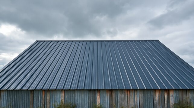 Dark blue corrugated metal gable roof of old barn under cloudy overcast sky shows modern agricultural building roofing construction detail