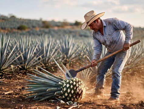 Action photograph of a jimador mid-swing using a sharp coa tool to trim leaves off a large blue agave pi&ntilde;a, focused muscular motion, dust kicked up from the ground, warm afternoon sunlight.