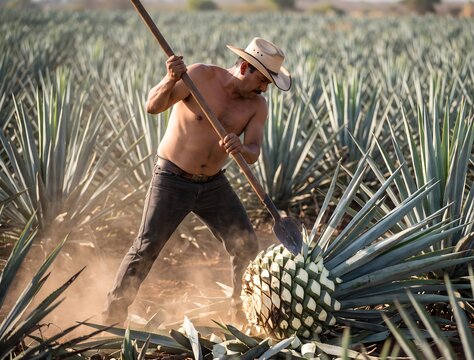 Action photograph of a jimador mid-swing using a sharp coa tool to trim leaves off a large blue agave pi&ntilde;a, focused muscular motion, dust kicked up from the ground, warm afternoon sunlight.