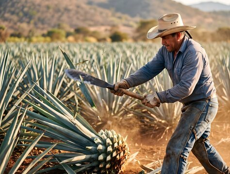 Action photograph of a jimador mid-swing using a sharp coa tool to trim leaves off a large blue agave pi&ntilde;a, focused muscular motion, dust kicked up from the ground, warm afternoon sunlight.