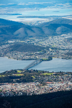 Tasman bridge seen from top of Mount Wellington (1,271 meters) It towers directly over the city of Hobart in southeast Tasmania, Australia.