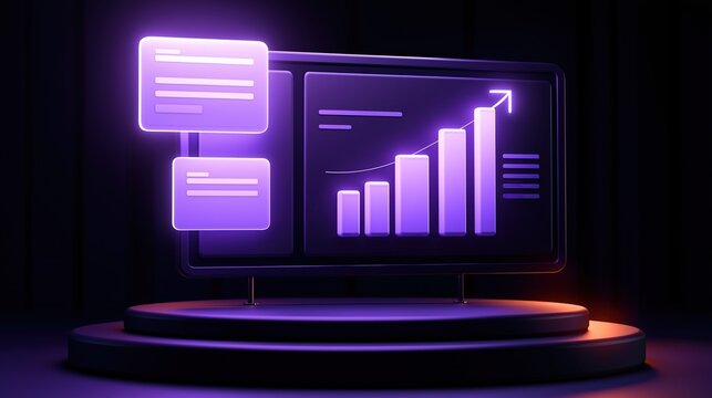 Glowing purple 3D digital dashboard with increasing bar graph and text boxes on round podium on dark background shows business data analysis and growth concept