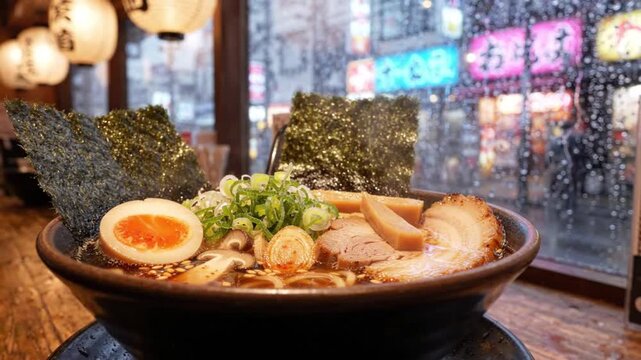 Authentic Japanese Ramen Bowl with Chashu Pork and Soft Boiled Egg in Cozy Restaurant at Night