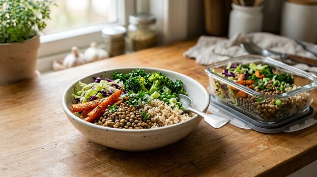 Healthy grain bowl with cooked lentils, brown rice, broccoli, roasted carrots, and shredded cabbage, set on a wooden counter next to a glass container packed with the same prepared meal.
