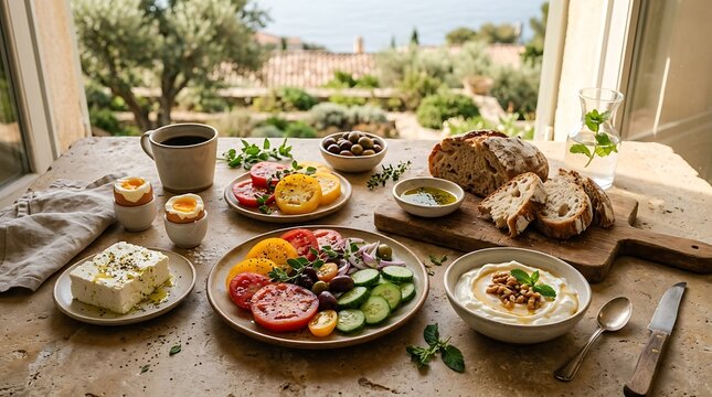 Mediterranean breakfast spread with sliced tomatoes, cucumbers, olives, feta cheese, soft-boiled eggs, hummus, artisan bread, olive oil, and coffee on a table overlooking scenic outdoors.