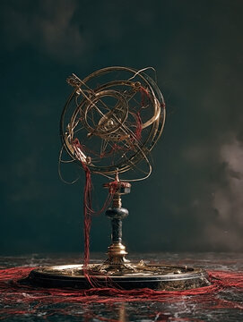 Antique brass astronomical instrument with tangled red thread and intricate circular mechanisms, displayed against a dark atmospheric teal background.