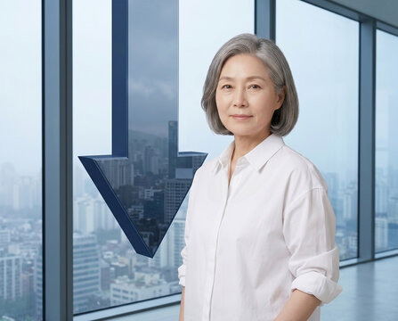 창가의 하락 화살표 옆에 선 회색 머리 시니어 여성 &middot; Gray Haired Senior Woman Beside Blue Down Arrow by Window