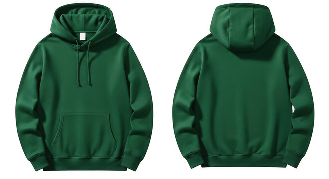 Green hoodie sweatshirt front and back view. Blank pullover template for apparel design.