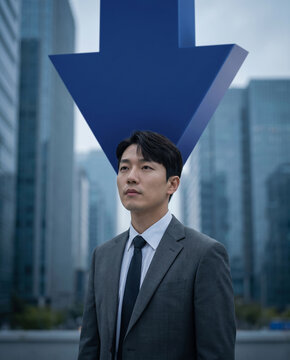 머리 위 하락 화살표 아래 굳은 표정의 남성 직장인 &middot; Worried Businessman Under Blue Downward Arrow in City