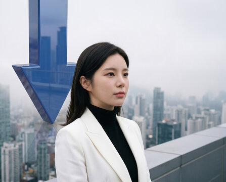 안개 낀 도시 옥상에서 하락 화살표 옆에 선 여성 &middot; Businesswoman Beside Downward Arrow on Foggy Rooftop