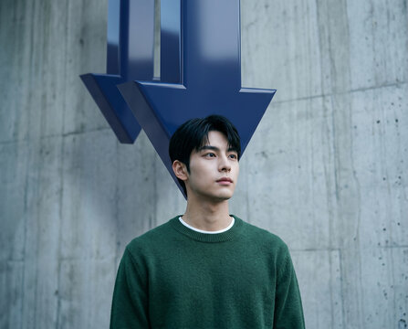 콘크리트 벽 앞 하락 화살표 아래 선 젊은 남성 &middot; Young Man Standing Under Blue Downward Arrows