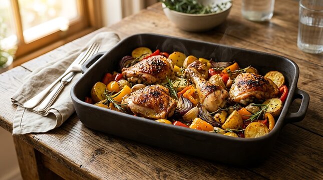 A black ceramic baking dish filled with roasted chicken thighs, drumsticks, potatoes, and colorful bell peppers sits on a rustic wooden table beside silver cutlery resting on a linen napkin.