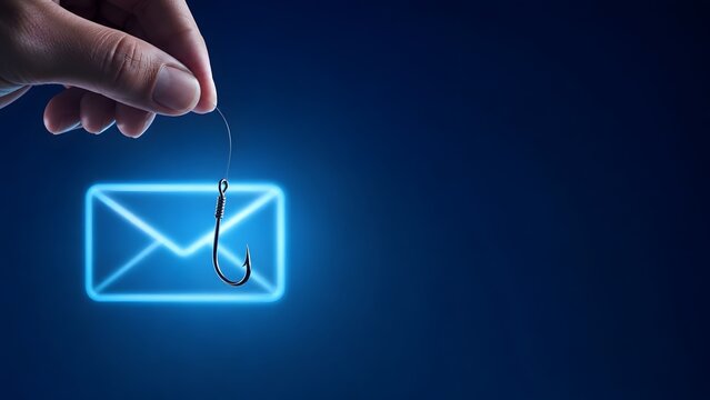 Human hand holding a fishing hook over a glowing blue email envelope. Concept of email phishing, cyber security awareness, and internet fraud prevention.