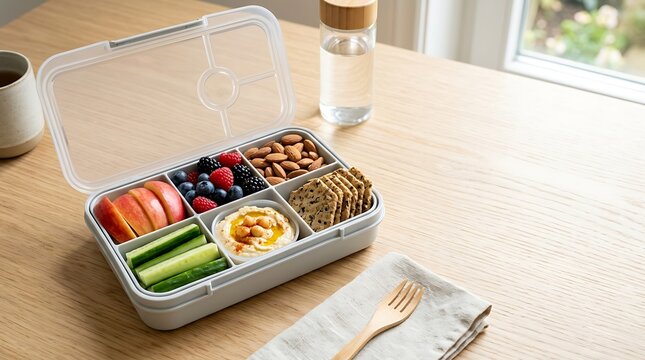 A compartment bento lunch box filled with sliced apples, blueberries, raspberries, almonds, crackers, cucumber sticks, and hummus sits on a light wooden table near a bottle and fork.