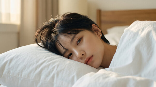 침대에 누워 피곤한 표정을 짓는 젊은 여성 &middot; Tired Young Woman Lying in Bed on White Pillow