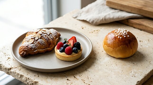 A almond croissant and a small berry fruit tart rest on a beige plate next to a glazed sweet bread roll topped with pearl sugar, set on a textured stone slab surface near a window.