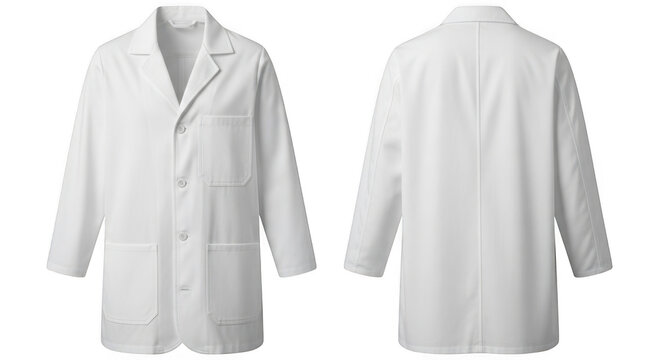 White lab coat front and back view. Professional medical uniform for doctors and scientists.