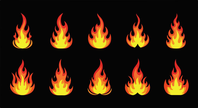 Set of ten colorful stylized fire flames icons